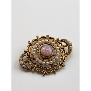 Vintage Opalite Faux Pearl Brooch Gold Tone Filigree Baroque Revival Pin